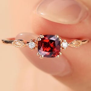 Solid Rose Gold Cushion Red Ruby Ring, Minimalist Three Stone Engagement Ring, Promise Ring, Stackable Ring Custom Promise Gift for Wife Her
