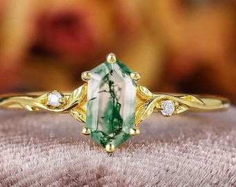 4x8mm Natural Inspired Long Hexagon Cut Green Moss Agate Engagement Ring, Branch Jewelry Accents Moissanite Leaf Ring 14K Solid Yellow Gold