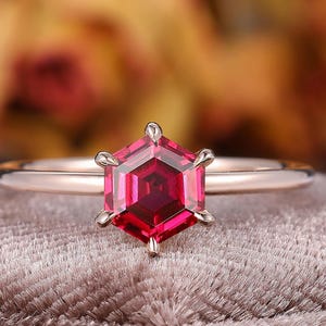 Hexagon Cut Red Ruby solitaire 14k solid rose gold Engagement Ring Handmade daily birthstone red crystal promise Anniversary Ring gift her