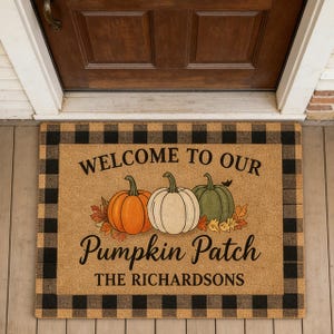 Custom Pumpkin Patch Doormat,Personalized Fall Welcome Mat,Buffalo Plaid Autumn Decor,Thanksgiving Porch Rug,Last Name Gift,Faux Coir