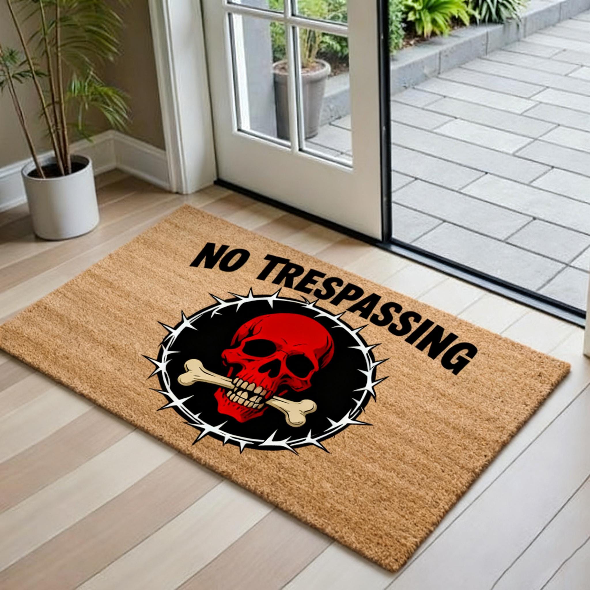 NO TRESPASSING Welcome Mat, Gothic Skull Doormat, Halloween Front