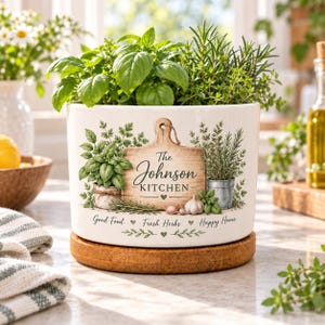 Vaso per erbe aromatiche personalizzato per la cucina, vaso per fiori con nome di famiglia personalizzato, vaso in ceramica per giardino aromatico con base in legno, regalo per la cucina, regalo per l'inaugurazione della casa