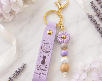 Personalized Pet Memorial Keychain, Custom Pet Name Leather Keychain, Cat Memorial Gift, Pet Loss Sympathy Gift, Beaded Keychain