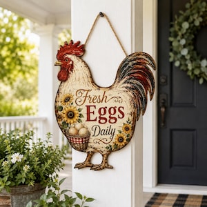 May include: A rooster-shaped wooden wall sign featuring a distressed cream finish, red comb, and black tail feathers. The sign displays the text Fresh Eggs Daily in red script and block lettering, accented by yellow sunflowers and a basket of eggs.