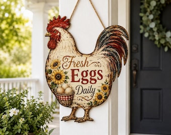 Fresh Eggs Daily Rooster Sign, Farmhouse Chicken Wall Decor, Rustic Hen Kitchen Sign, Chicken Coop Decor, Country Farmhouse Gift
