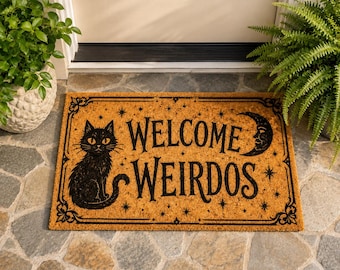 Welcome Weirdos Doormat, Black Cat Welcome Mat, Witchy Gothic Front Door Decor, Funny Halloween Porch Mat, Spooky Cat Lover Gift