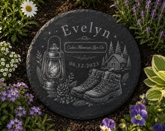Personalized Cabin Memorial Stone, Rustic Lantern Hiking Boots Plaque, Bereavement Garden Decor, Nature Lover Sympathy Gift, Memorial Stone