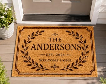 Personalized Family Name Doormat, Custom Last Name Welcome Mat, Est Year Housewarming Gift, Wedding Gift, New Home Front Door Decor