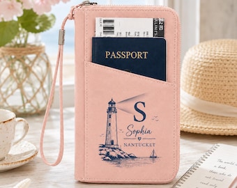 Personalized Lighthouse Passport Holder, Custom Passport Wallet for Women, Beach Travel Passport Cover, Monogram Travel Organizer