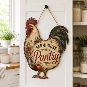 Könnte beinhalten: Ein hahnenförmiges Wandschild mit cremefarbenem Antik-Finish und der Aufschrift "FARMHOUSE Pantry" in schwarzer und roter Schrift. Das Design zeigt einen roten Kamm, einen schwarzen Schwanz, einen Metallkrug mit roten Blumen und einen roten Apfel.
