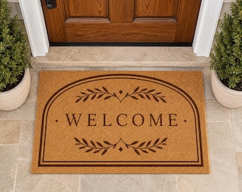 Welcome Doormat, Botanical Front Door Mat, Farmhouse Coir Welcome Mat, Rustic Porch Decor, New Home Housewarming Gift, Entryway Decor