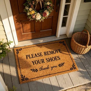 Puede incluir: Una felpudo rectangular de fibra de coco con el texto "PLEASE REMOVE YOUR SHOES thank you" en negro. La alfombra tiene un borde negro con detalles decorativos en las esquinas. Una corona floral cuelga de la puerta de madera.
