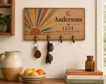 Personalized Family Name Key Holder, Custom Wooden Key Rack, Retro Sunset Wall Key Organizer, Housewarming Gift, Entryway Key Hook