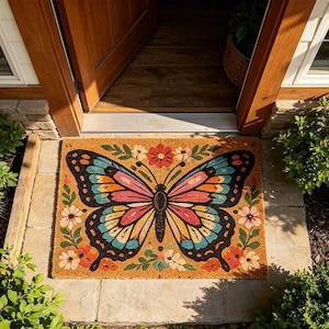 May include: A rectangular doormat featuring a colourful butterfly design. The butterfly's wings are pink, orange, blue, and black. The mat is tan with floral accents and is placed in front of a wooden door.