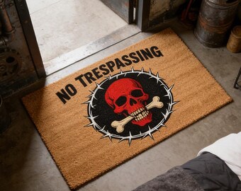 NO TRESPASSING Welcome Mat, Gothic Skull Doormat, Halloween Front