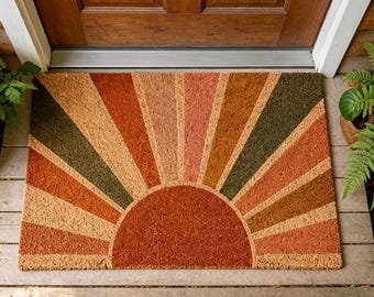 Paillasson rétro en fibre de coco Sunburst, tapis de bienvenue Boho Sunrise, tapis de porte d'entrée moderne Mid-Century, paillasson extérieur neutre, décoration de porche vintage