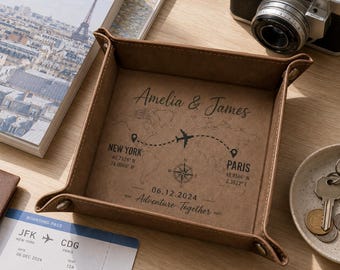 Personalized Travel Leather Valet Tray, Custom Adventure Catchall Tray, Long Distance Couple Gift, Custom Map Organizer, Travel Lover Gift