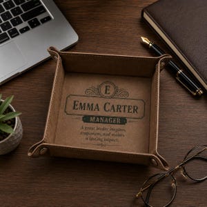 Può includere: Un vassoio svuotatasche quadrato in pelle marrone con angoli a bottone automatico. Al centro è presente il testo "Emma Carter Manager" e "A great leader inspires, empowers, and makes a lasting impact" stampato in inchiostro nero con un emblema decorativo contenente la lettera E.