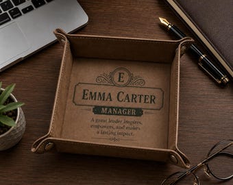 Personalized Manager Gift Leather Valet Tray, Custom Office Desk Organizer, Boss Appreciation Gift, Employee Promotion Gift