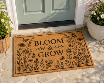 Bloom & Grow Doormat, Wildflower Welcome Mat, Butterfly Floral Front Door Decor, Cottagecore Porch Mat, Garden Lover Housewarming Gift
