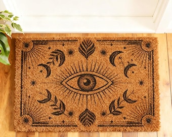 Zerbino anti-malocchio, zerbino di benvenuto protettivo, tappeto da esterno boho, regalo di inaugurazione della casa Nazar, arredamento spirituale per la casa, zerbino d'ingresso con occhio blu, arredamento greco