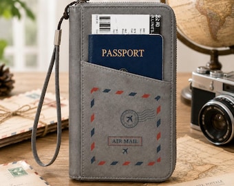Vintage Air Mail Passport Holder,Zipper Travel Wallet with Wrist Strap,Retro Airmail Passport Cover,Travel Document Organizer,Traveler Gift