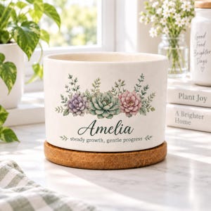 Könnte beinhalten: Ein zylindrischer Übertopf aus weißer Keramik auf einem runden Holzsockel. Die Vorderseite zeigt eine aufgedruckte Illustration von drei Sukkulenten in Violett, Grün und Rosa sowie den Namen Amelia und den Text steady growth, gentle progress.