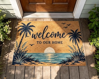 Tropical Beach Doormat,Coastal Welcome Mat,Palm Tree Door Mat,Summer Front Porch Rug,Ocean Sunset Entryway Decor,Beach House Doormat
