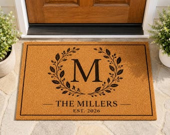 Personalized Family Name Doormat, Custom Monogram Welcome Mat, Last Name Est Year Door Mat, Housewarming Wedding Gift, Front Porch Decor