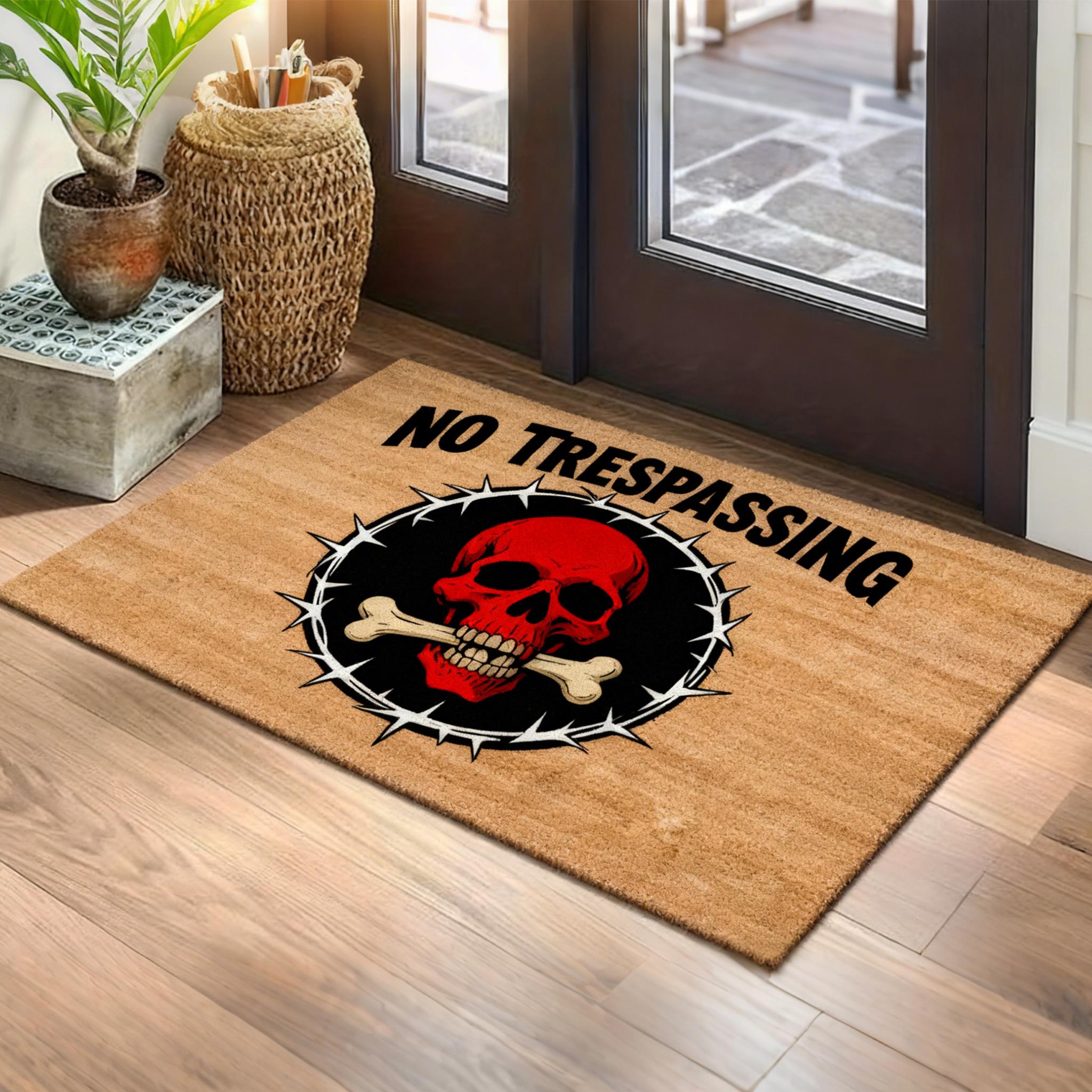NO TRESPASSING Welcome Mat, Gothic Skull Doormat, Halloween Front