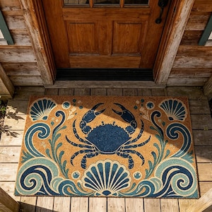Puede incluir: Un felpudo rectangular de fibra de coco con una ilustración central de un cangrejo azul oscuro, rodeado de patrones de olas y motivos de conchas en azul claro y oscuro sobre un fondo beige natural, colocado sobre un suelo de madera.
