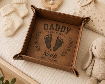 Personalized Daddy Leather Valet Tray, Custom First Father's Day Gift, New Dad Gift from Baby, Baby Footprint Keepsake,Catchall Tray