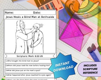 May include: Black and white Bible activity worksheet for kids, featuring an illustration of Jesus healing a blind man. Includes questions about the scripture Mark 8:22-26. The worksheet is a printable PDF with an instant download option.