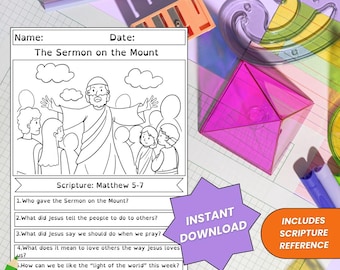 May include: A black and white Bible activity sheet for kids with the title "The Sermon on the Mount." The sheet includes questions about the scripture Matthew 5-7 and the phrases "Instant Download" and "Includes Scripture Reference."