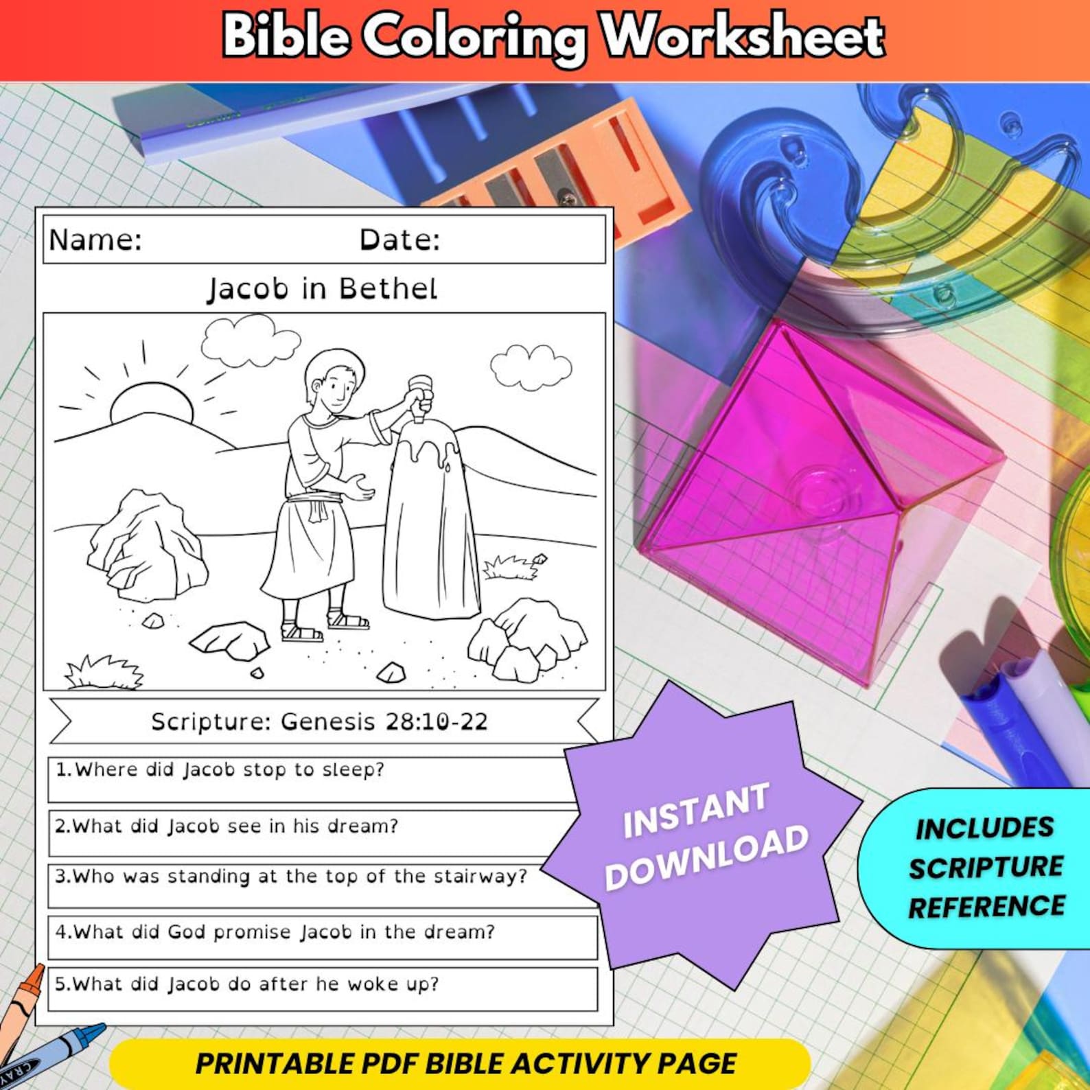 Jacob in Bethel Coloring Page Printable, Bible Story Worksheet, Sunday ...