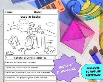 Puede incluir: Una hoja de trabajo para colorear la Biblia en blanco y negro titulada "Jacob en Betel" con preguntas sobre la escritura Génesis 28:10-22. La hoja de trabajo incluye un dibujo de Jacob y una piedra. También son visibles las palabras "Descarga instantánea" y "Incluye referencia bíblica".