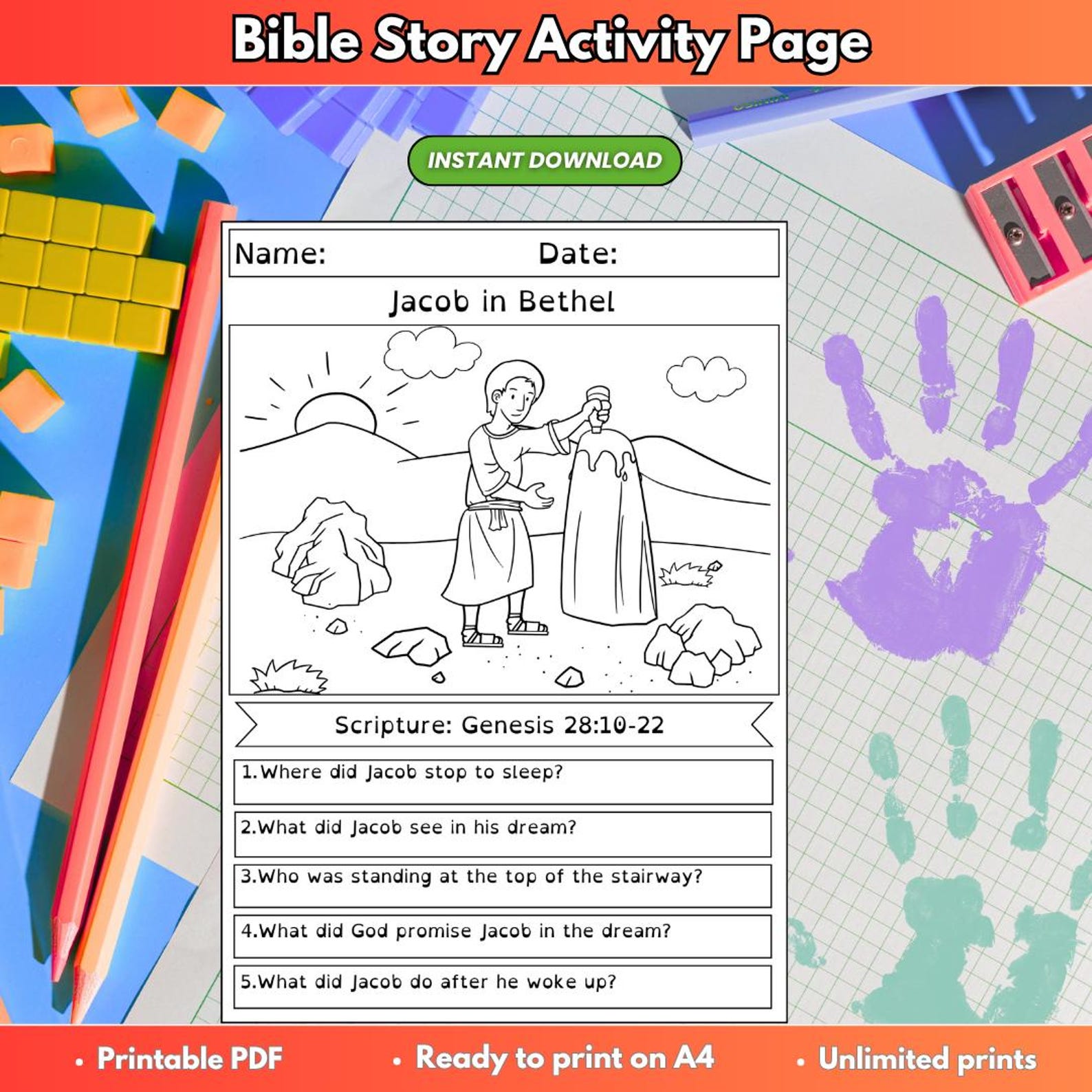 Jacob in Bethel Coloring Page Printable, Bible Story Worksheet, Sunday ...