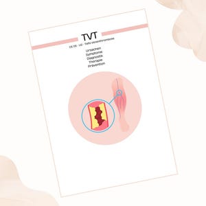 May include: A medical diagram titled "TVT" with the subtitle "Tiefe Venenthrombose." The document shows a leg diagram with a magnified view of a blood clot. The document also lists the following words: Ursachen, Symptome, Diagnostik, Therapie, and Prävention.
