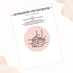 以下が含まれることがあります： 「ambulante Versorgung」というタイトルの黒いテキストが書かれた白いドキュメント。 ドキュメントにはドイツ語のテキストと、何かを保持している手の線画が入ったピンク色の円が含まれています。 背景は明るいピーチ色です。