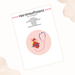 May include: A medical illustration of a heart and stethoscope on a pink circle, with the German title "Herzinsuffizienz" at the top. The image includes a list of medical terms in German, such as "Definition" and "Therapie."