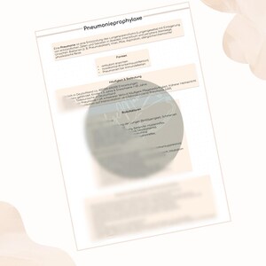 May include: A document titled "Pneumonieprophylaxe" with German text, detailing pneumonia prevention. The text is in black font on a white background. The document includes sections on causes, forms, and risk factors.