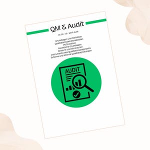 Könnte beinhalten: Ein weißes Dokument mit dem Titel "QM & Audit" in Grün. Das Dokument enthält einen grünen Kreis mit dem Wort "AUDIT" und einem Symbol eines Dokuments mit Lupe und Häkchen. Das Dokument enthält auch deutschen Text.