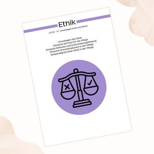 Op de afbeelding: Een wit document met de titel "Ethik" en Duitse tekst. Een paarse cirkel bevat een weegschaal-icoon met een vinkje en een kruis, dat ethische overwegingen in de gezondheidszorg symboliseert.