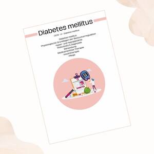 May include: A white document with the title "Diabetes mellitus" in black text. The document includes a pink circle with an illustration of a person, a clipboard, and a blood glucose meter. Additional text details topics related to diabetes.