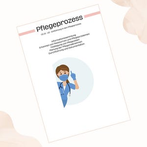 Könnte beinhalten: Ein weißes Dokument mit dem Titel "Pflegeprozess" in deutscher Sprache. Es zeigt eine Cartoon-Krankenschwester mit Maske, die nach oben zeigt. Der Titel befindet sich in einem rosa Banner.