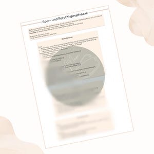 May include: A white document with German text titled "Soor- und Parotitisprophylaxe" and a blurred illustration. The document lists risk factors and other medical information. A circular illustration with the word "Mom" is overlaid on the document.