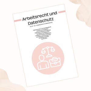 May include: A white document titled "Arbeitsrecht und Datenschutz" with a pink accent bar. The document includes a pink circle with line art of a scale, person, and briefcase. Text on the document includes legal terms.