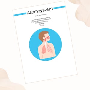 Può includere: Un foglio di carta bianco con il titolo "Atemsystem" in testo nero, con una linea orizzontale blu sopra. Sotto il titolo ci sono altre righe di testo. Un cerchio blu contiene un'illustrazione del sistema respiratorio umano.