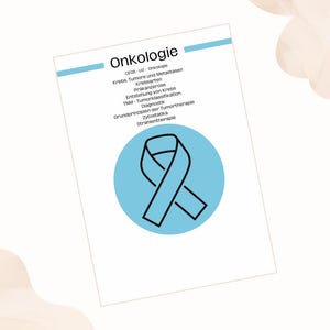 May include: A white document with the word "Onkologie" in large black text. Below, a list of related terms is visible. A light blue circle with a black ribbon graphic is at the bottom. The document has a light blue horizontal line at the top.