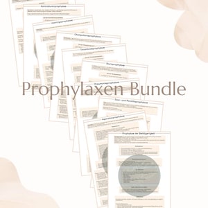 Puede incluir: Un conjunto de documentos impresos, cada uno con títulos en alemán, incluyendo "Prophylaxen Bundle". Los papeles están dispuestos en forma de abanico sobre un fondo suave y neutro. El texto es negro.